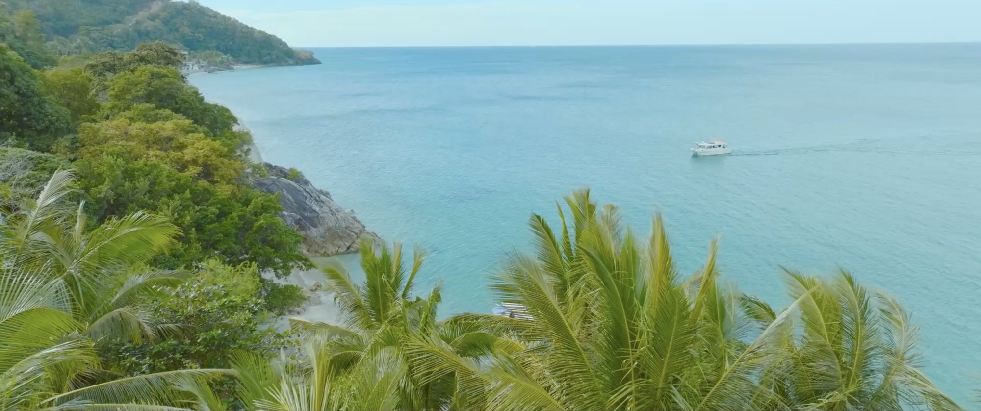 Aerial view of a tropical coastline with a boat