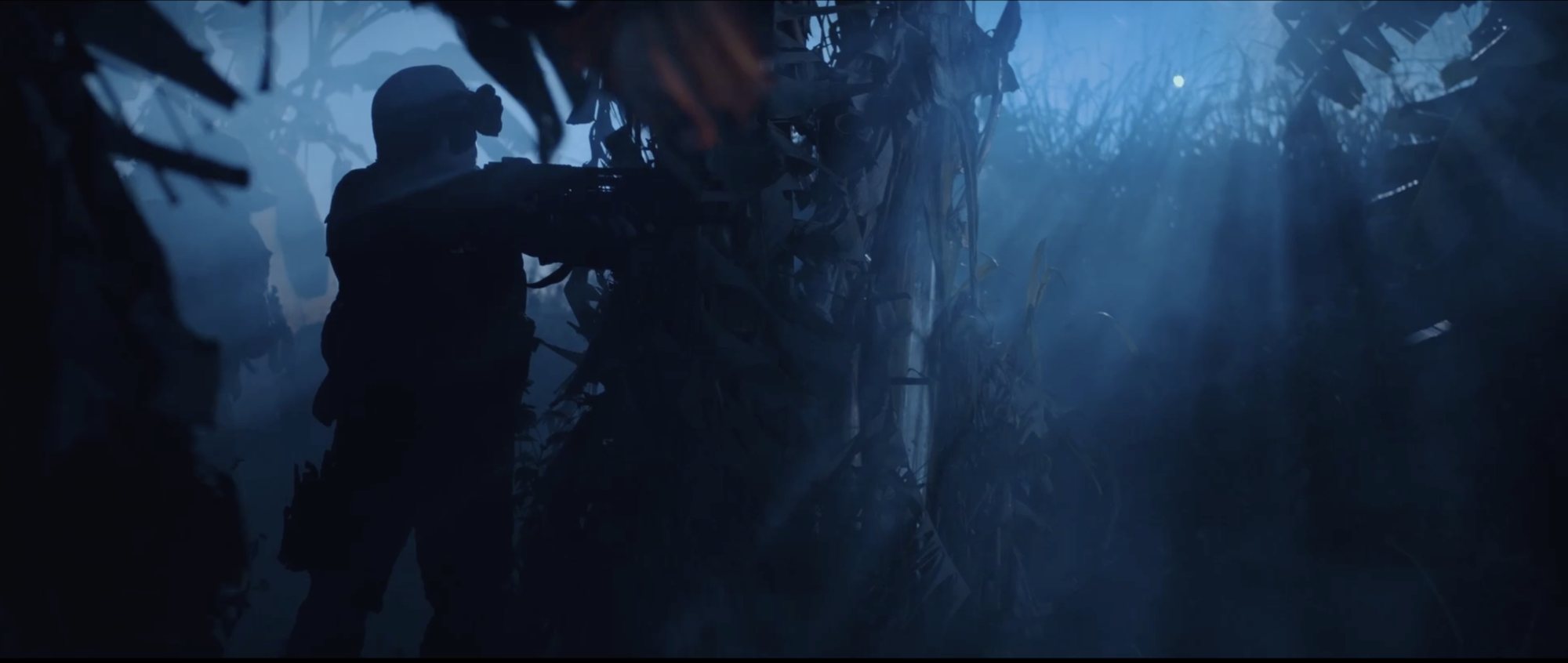 Silhouetted figure in a blue night forest