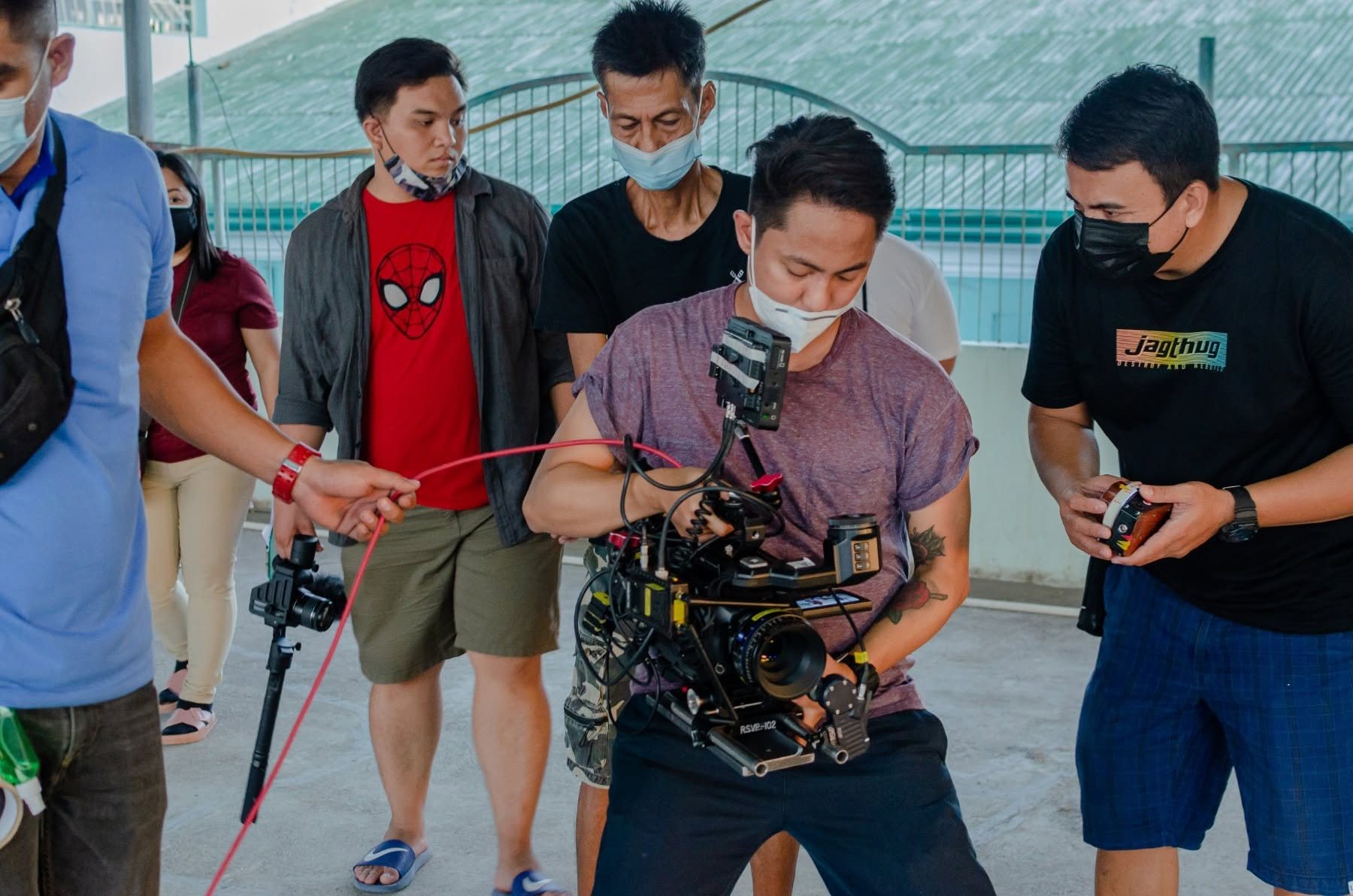 Crew reviewing a shot around a gimbal camera
