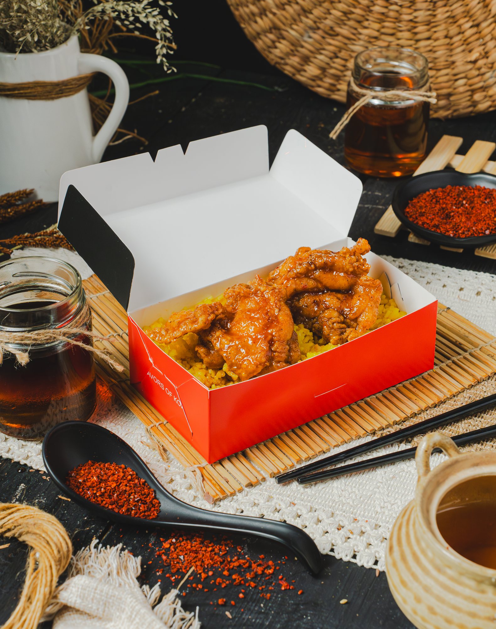Takeout box of glazed chicken styled with chili flakes